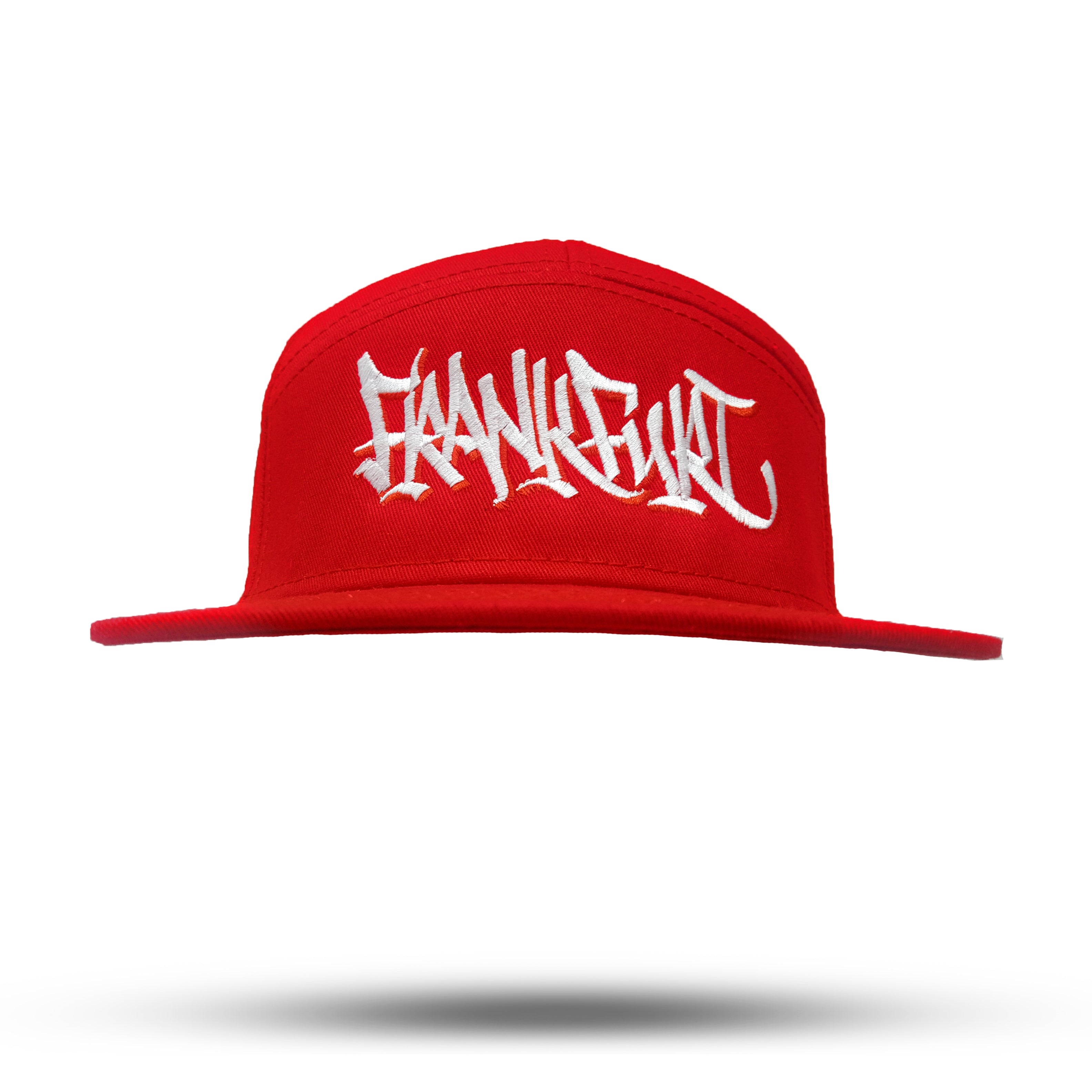 Frontansicht Snapback Baseball Kappe in Rot mit Frankfurt Handstyle Logo