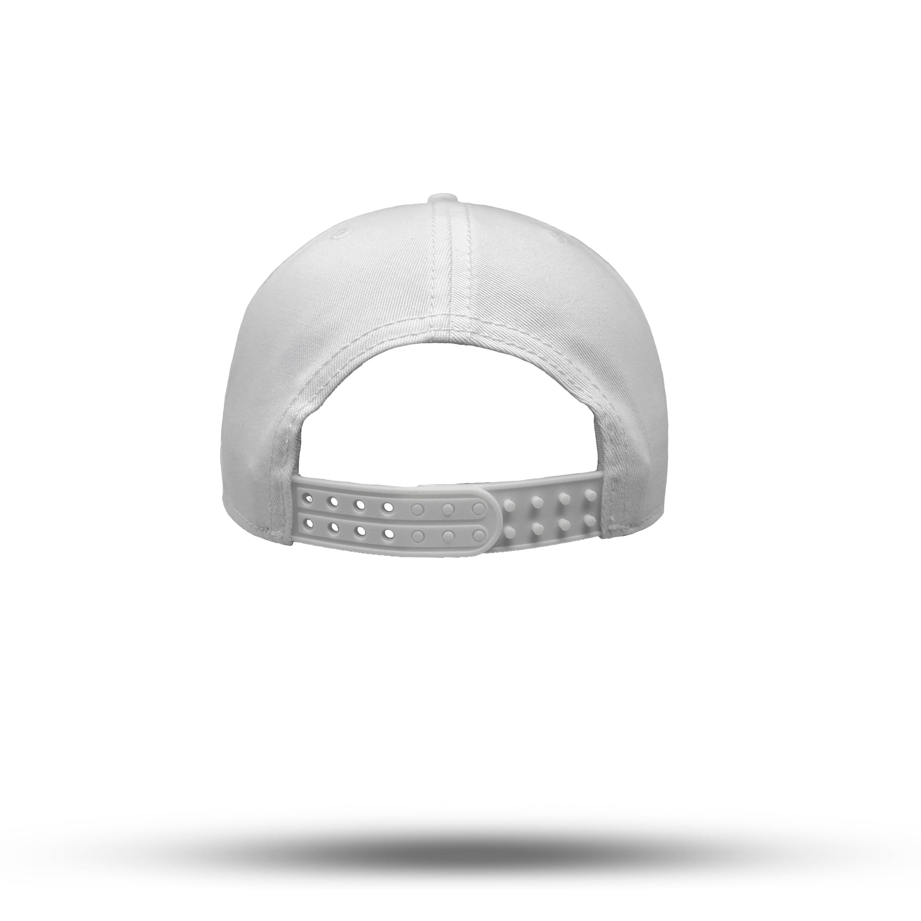 Rückansicht Snapback Baseball Kappe in weiß mit Frankfurt Handstyle Logo