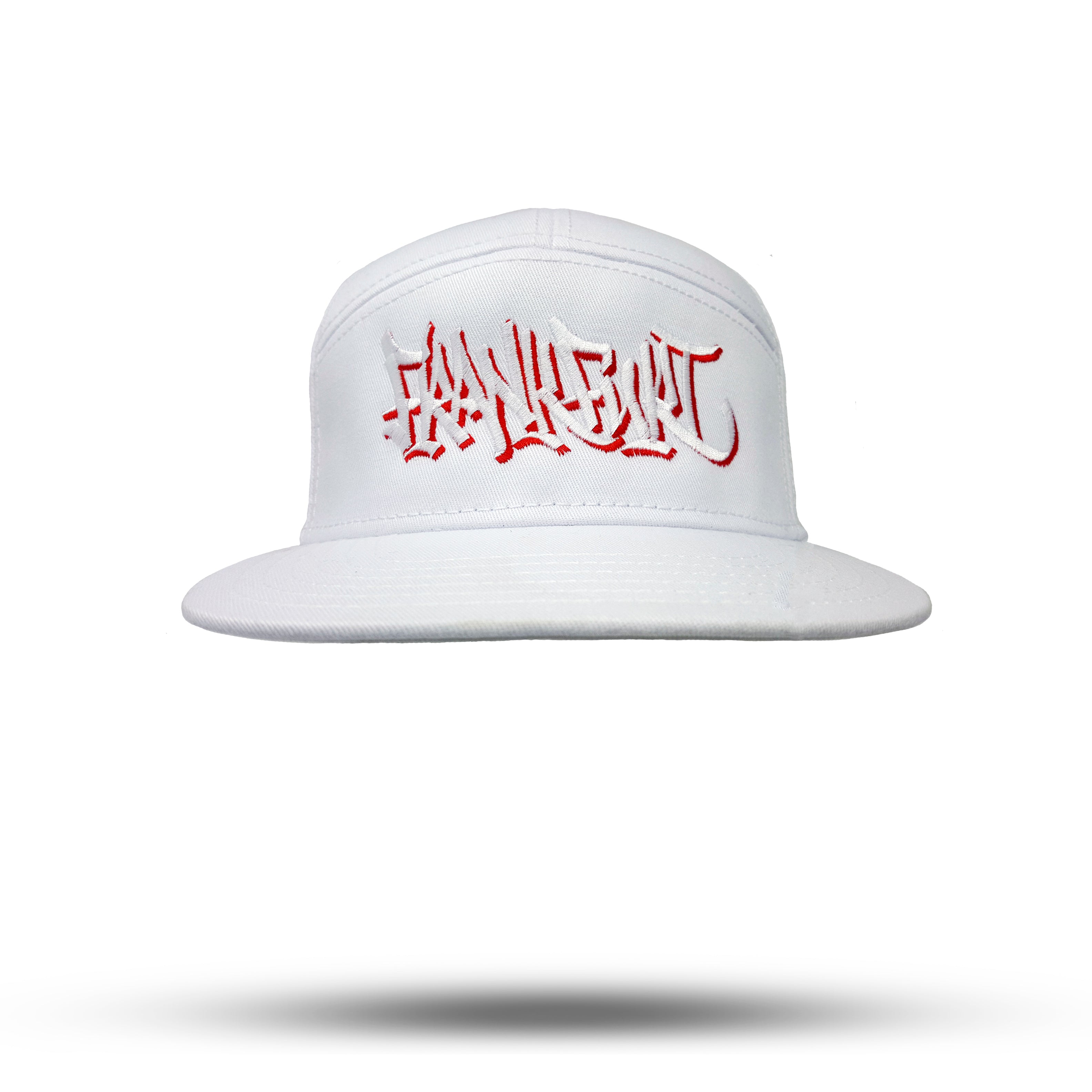 Frontansicht Snapback Baseball Kappe in weiß mit Frankfurt Handstyle Logo