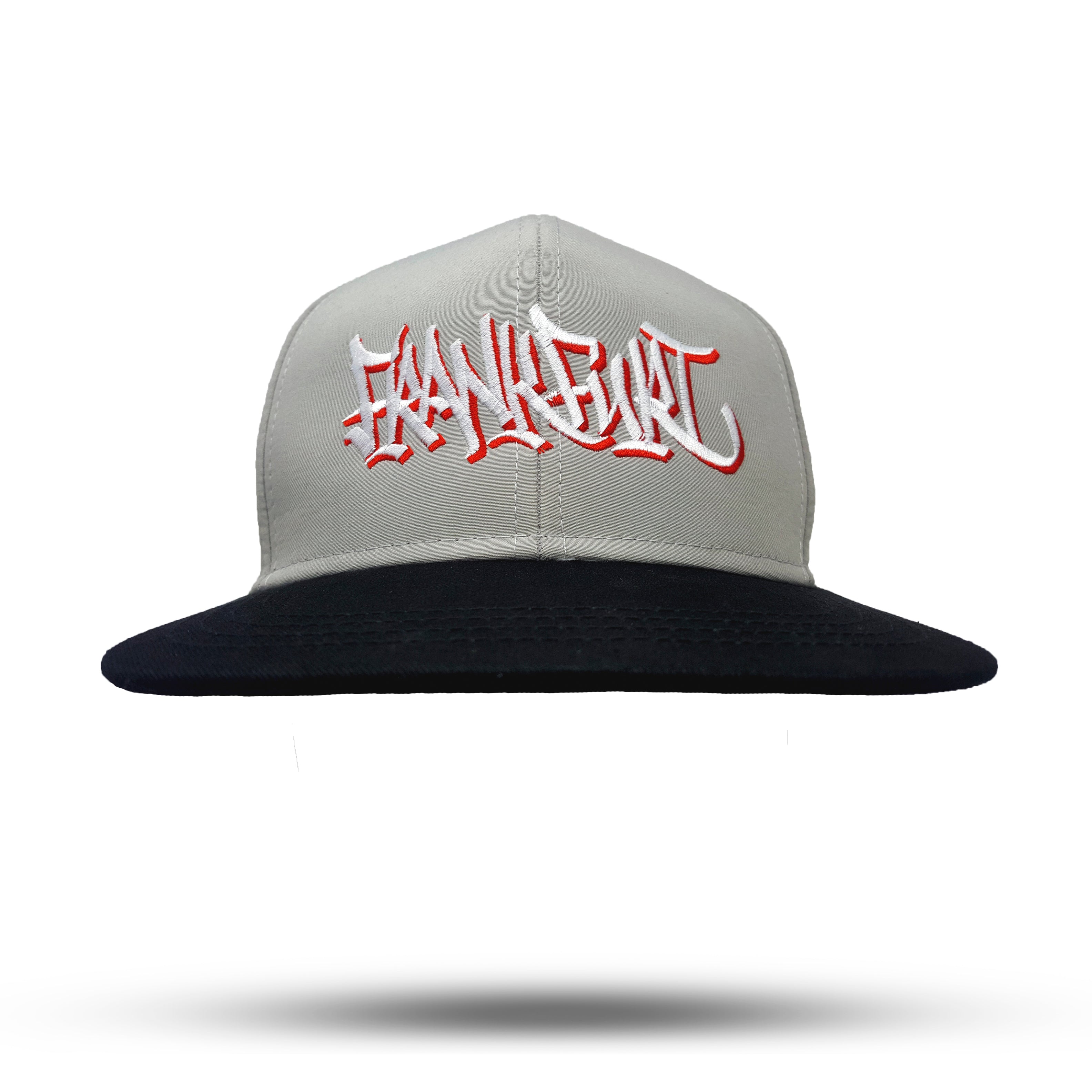 Frontansicht Snapback Baseball Kappe in Beige und Schwarz mit Frankfurt Handstyle Logo