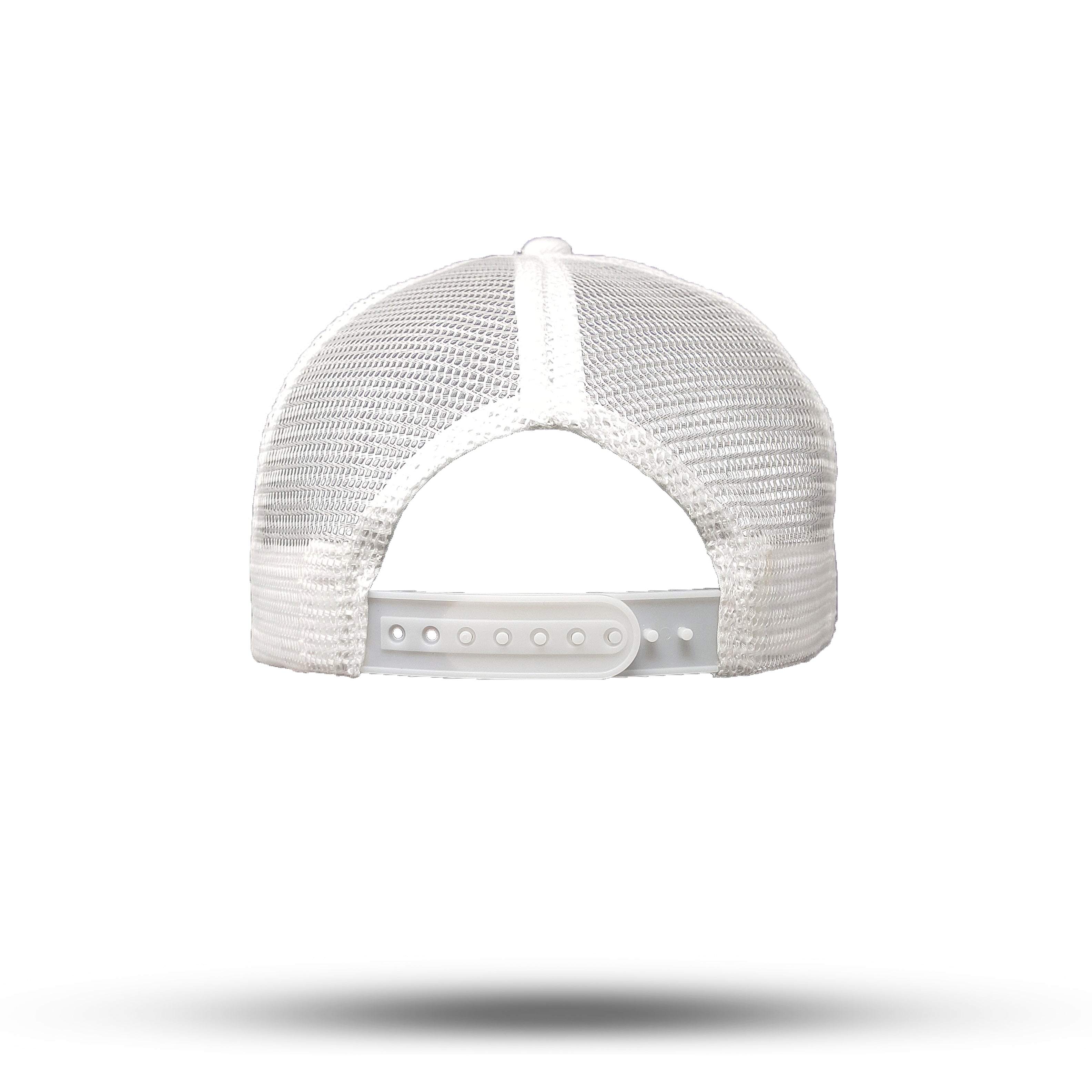 Rückansicht Snapback Baseball Kappe mit Netz in weiß mit STOFF Logo